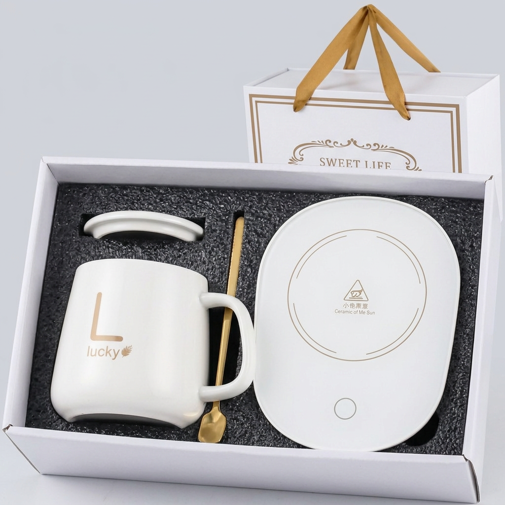 White mug warmer gift set in its open box: mug, lid, spoon and warming plate
