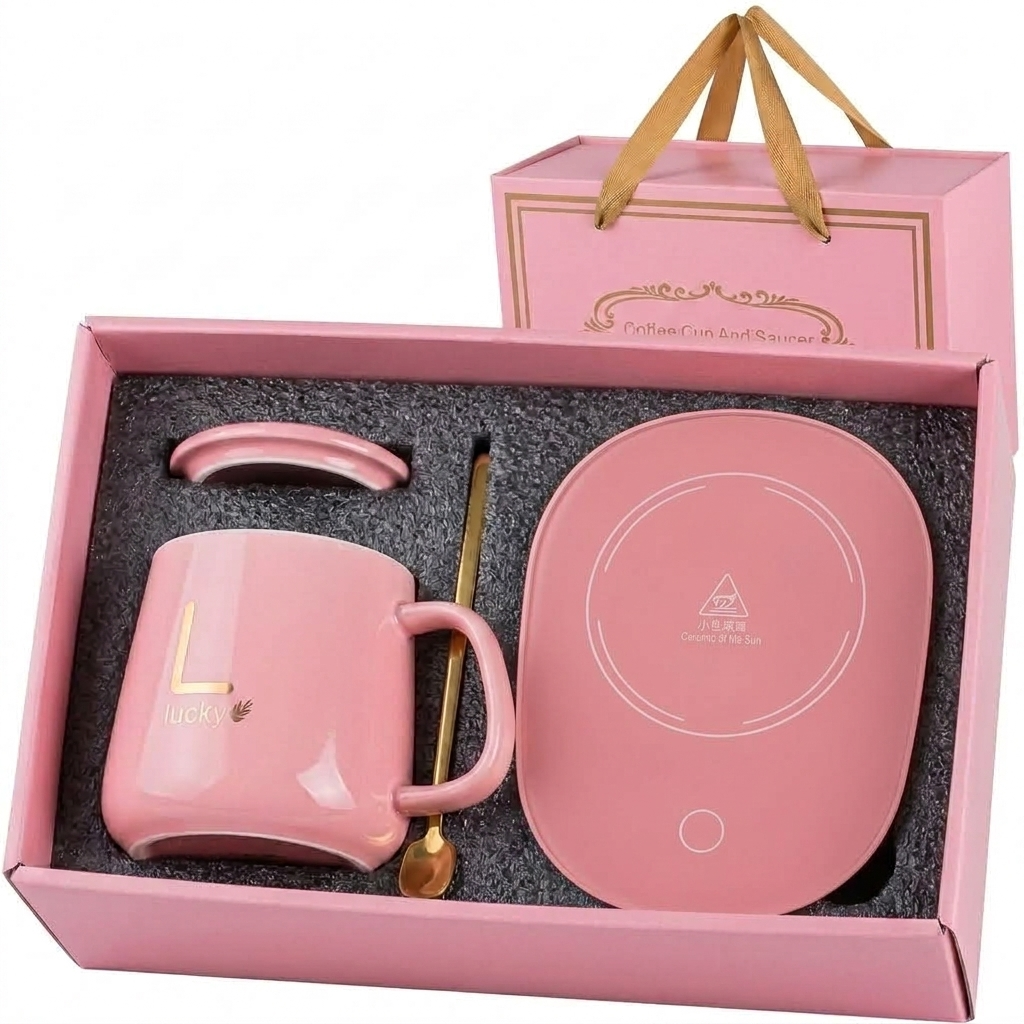 Pink mug warmer gift set in its open box: ceramic mug with gold details, lid, gold-tone spoon and pink warming plate