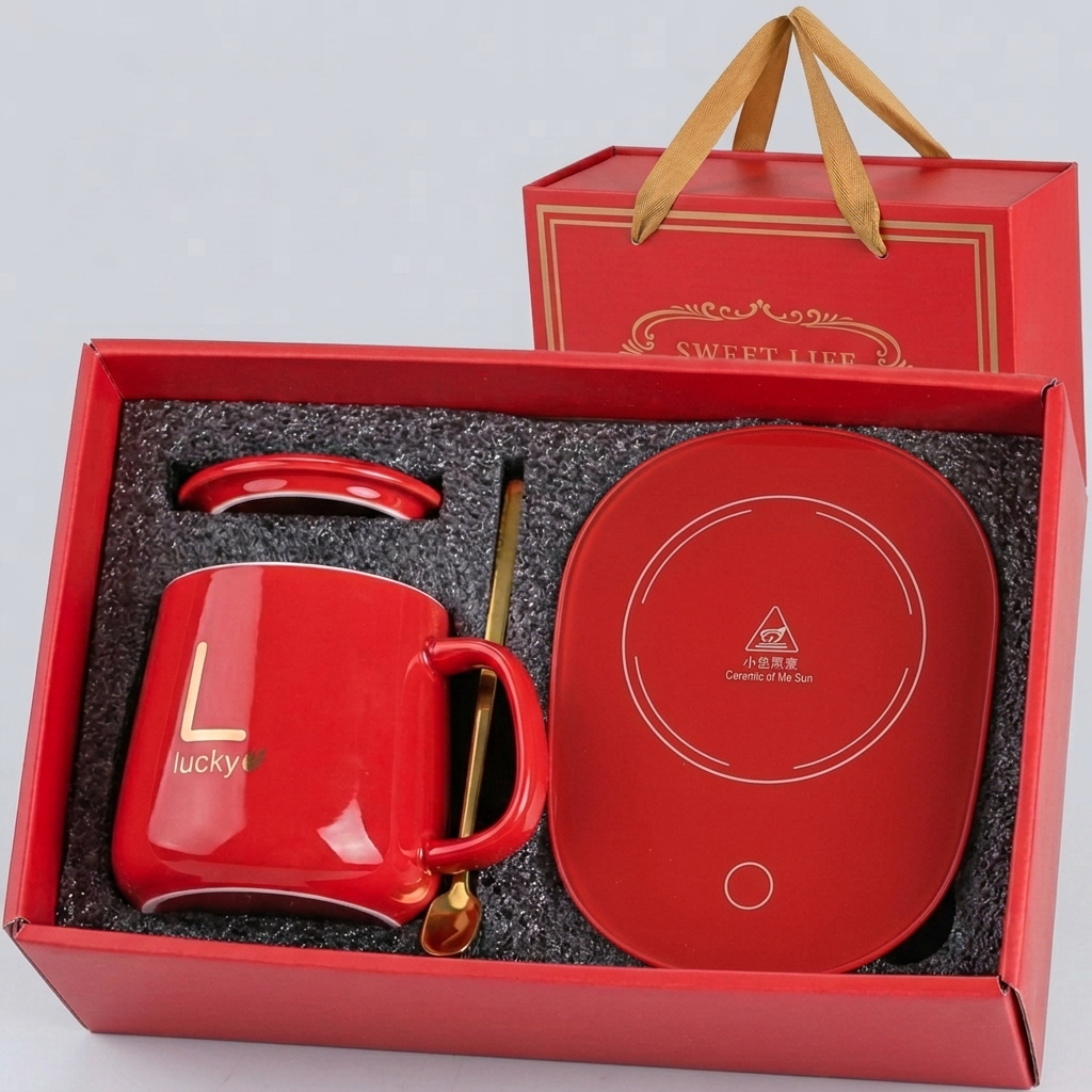 Red mug warmer gift set in its open box: mug with gold details, lid, gold-tone spoon and red warming plate