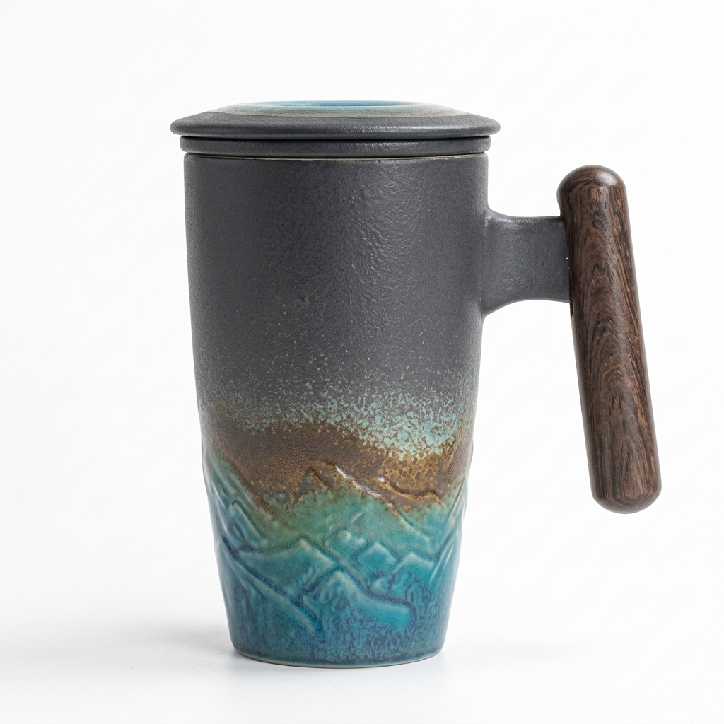 Blue ceramic tea mug with lid and wooden handle, blue glaze rising from the base over a mountain relief