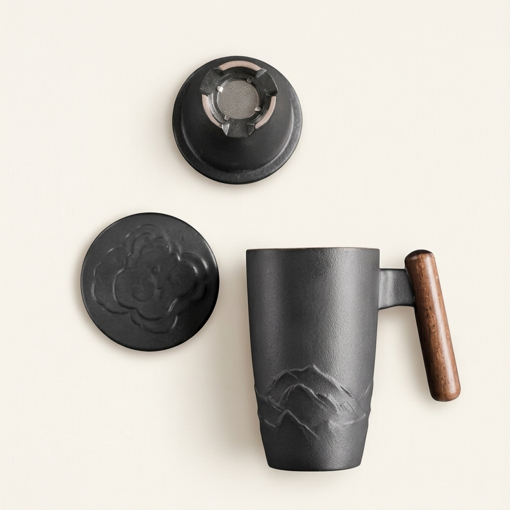 Black tea mug seen from above with its lid and ceramic infuser set beside it