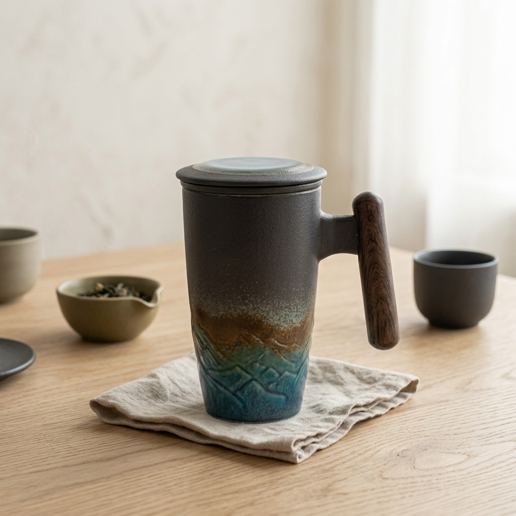 Blue ceramic tea mug with lid on a wooden table, beside small cups