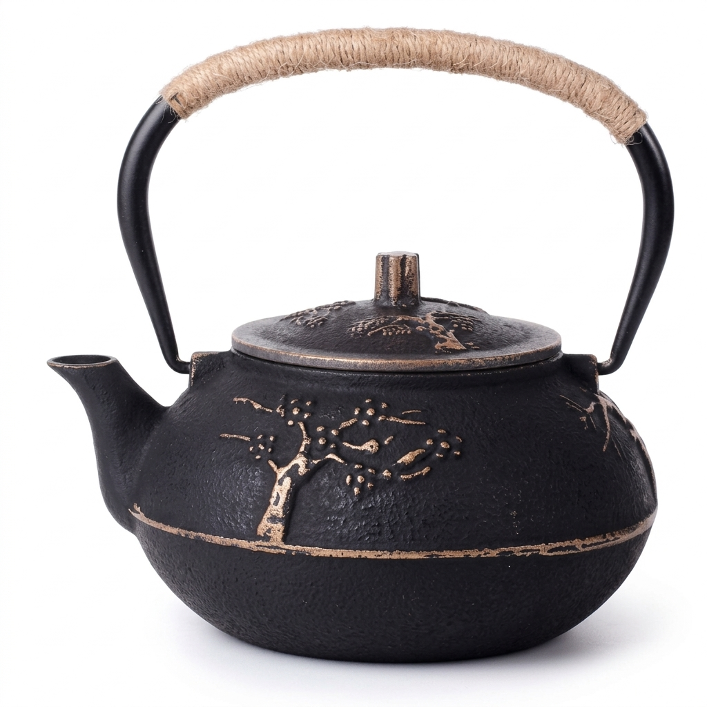 Black cast iron teapot with a gold-coloured tree motif and a cord-wrapped arched handle, front view