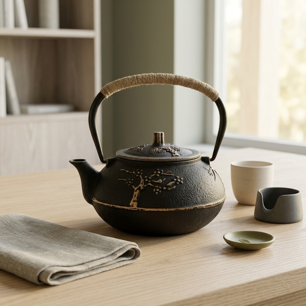 Golden tree cast iron teapot on a wooden table beside small cups and a linen napkin