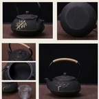 Details of the golden tree cast iron teapot: the lid and knob, the tree motif, the inside and the cord-wrapped handle