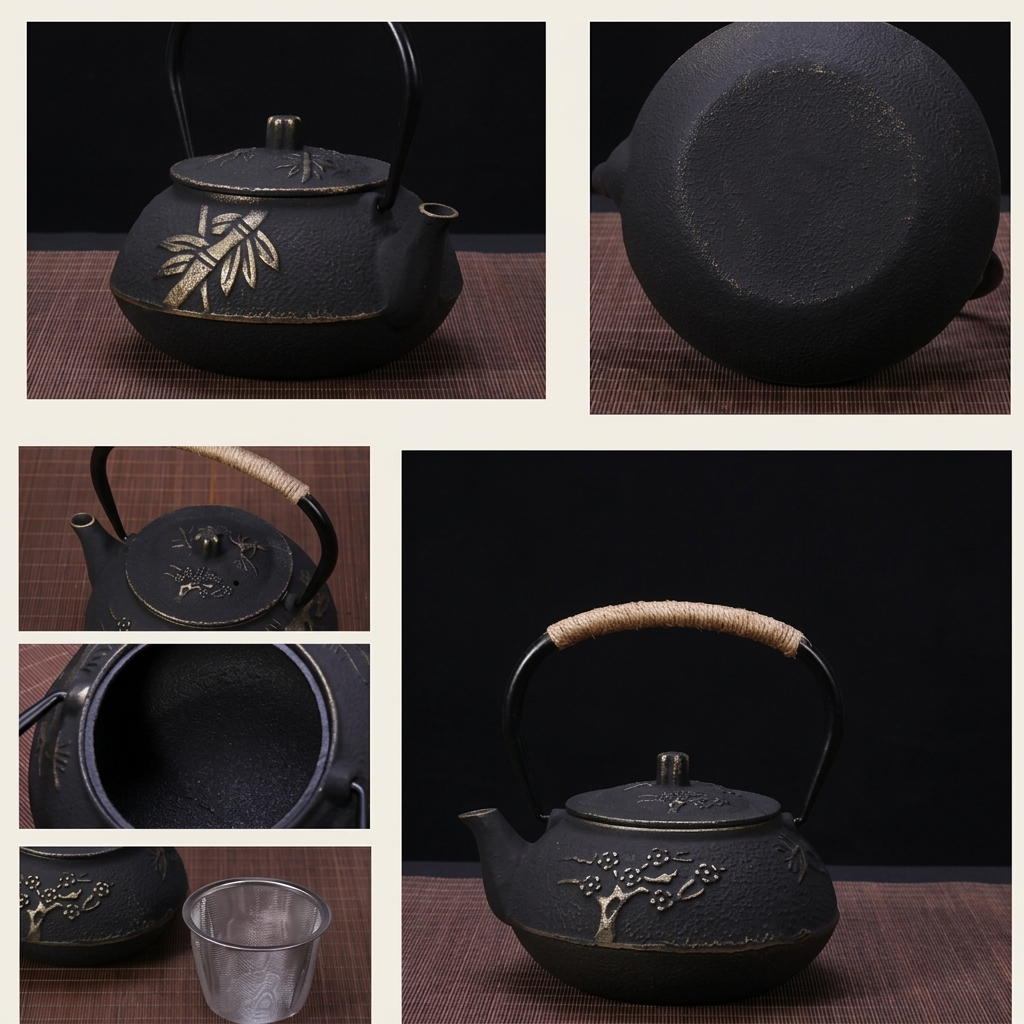 Details of the golden tree cast iron teapot: the lid and knob, the tree motif, the inside and the cord-wrapped handle
