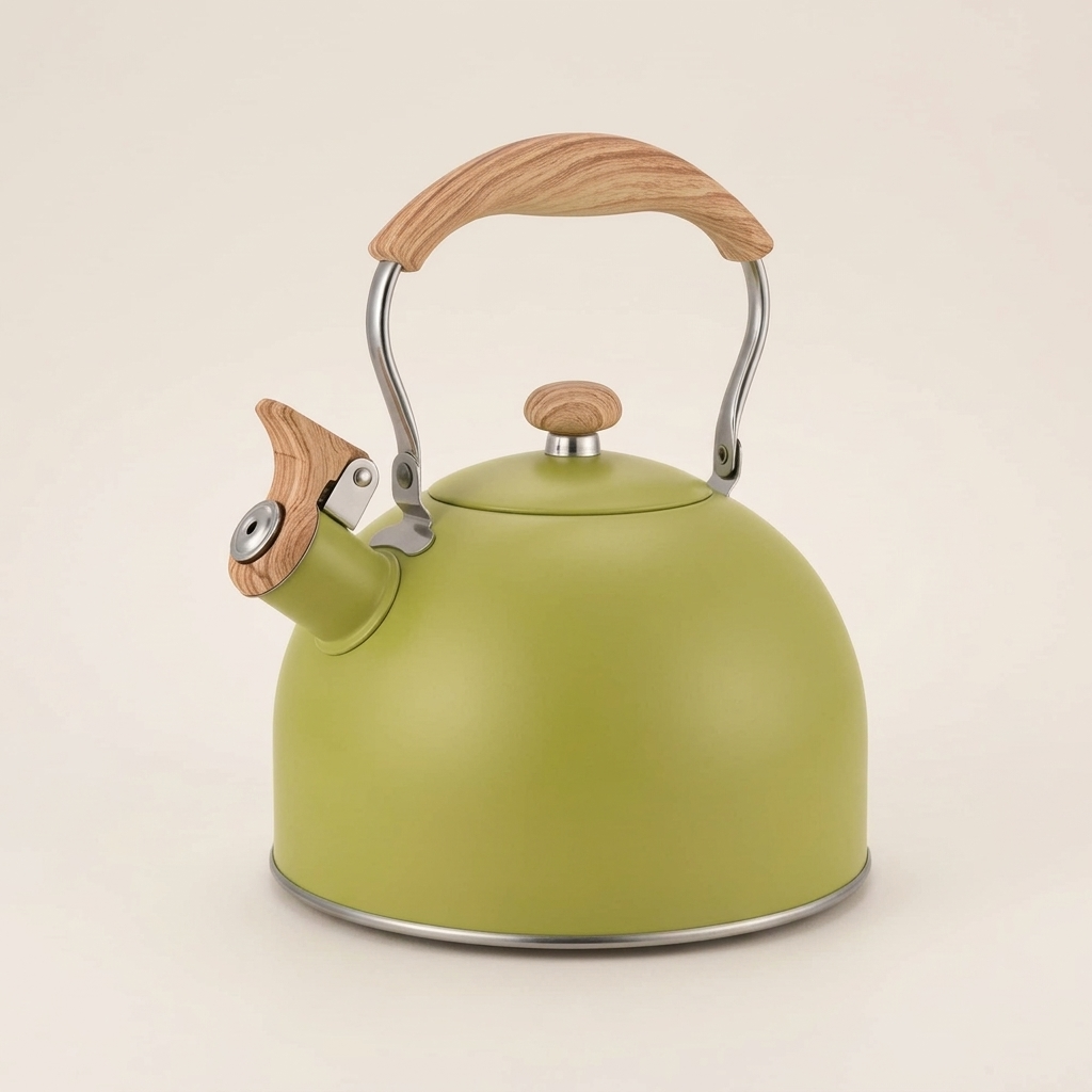 Green Vintage Whistling Kettle with a wood-effect handle, on a warm beige background
