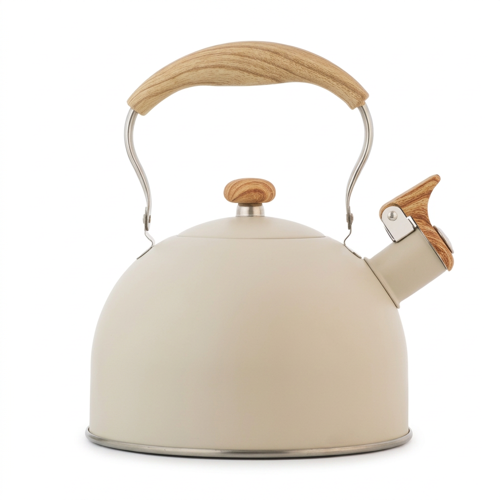 Beige Vintage Whistling Kettle with a wood-effect handle, knob and spout cap, on a white background