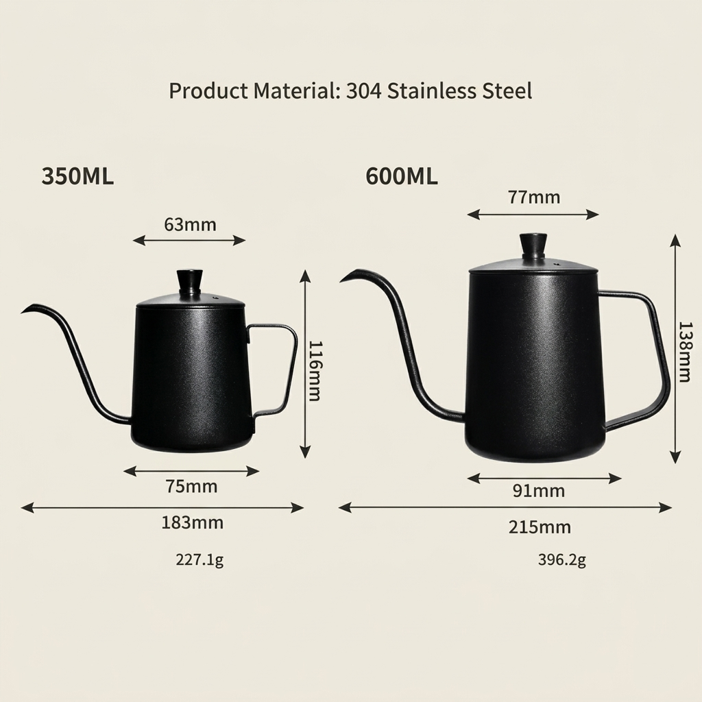 Size chart of the 350 ml and 600 ml Gooseneck Pour-Over Kettles, with height, width, base, lid and weight