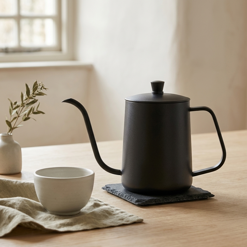 Black Gooseneck Pour-Over Kettle on a wooden table beside a cream cup and a linen napkin