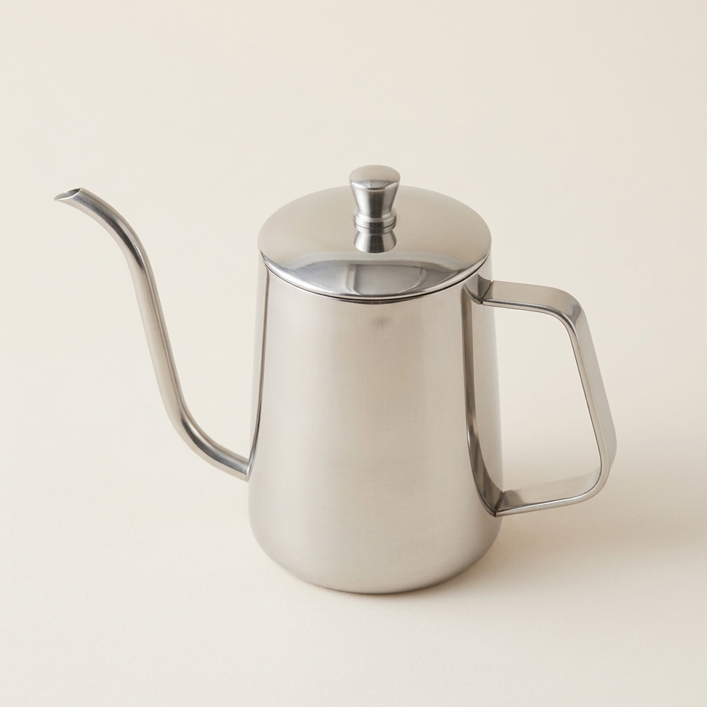 Silver Gooseneck Pour-Over Kettle on a warm beige background