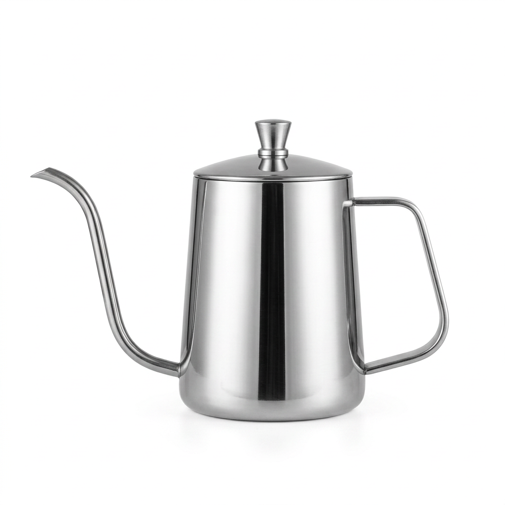 Silver Gooseneck Pour-Over Kettle in stainless steel, on a white background