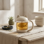 Cat Glass Tea Mug filled with golden tea on a wooden table, beside a small plant and bowls