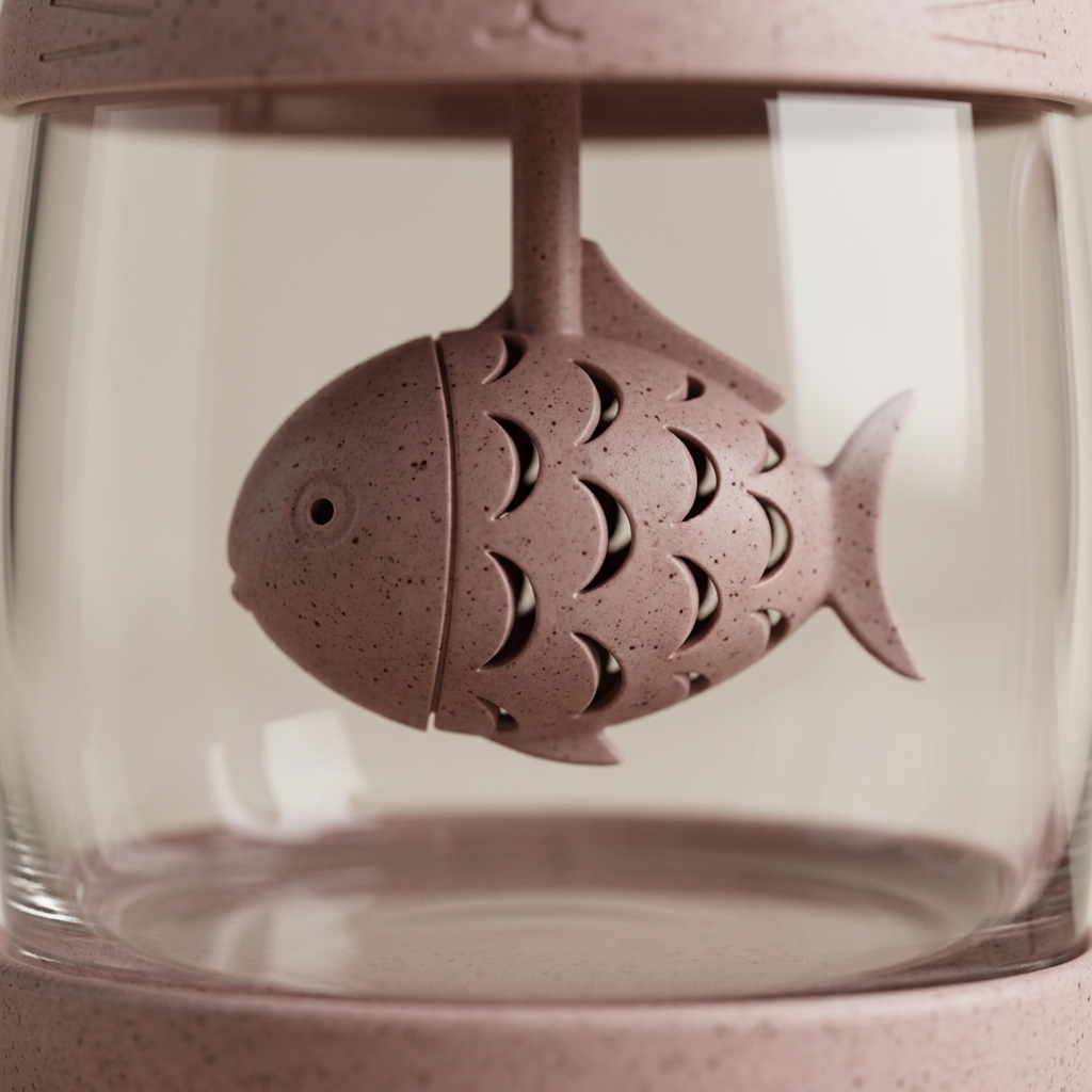 Close-up of the pink fish infuser hanging in the glass mug