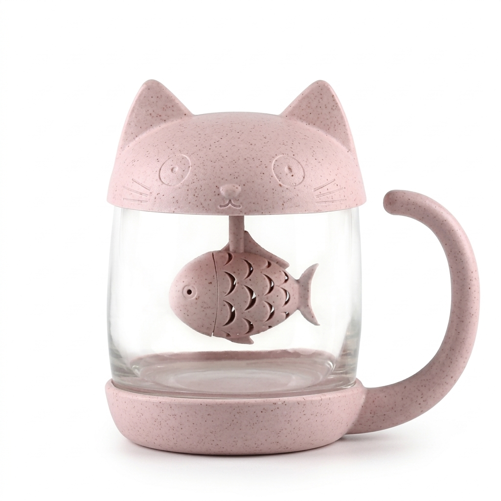 Pink Cat Glass Tea Mug with its fish infuser hanging inside, on a white background