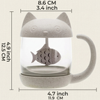 Size chart of the Cat Glass Tea Mug: 12.5 cm tall, 8.6 cm across the lid, 11.9 cm wide with the tail
