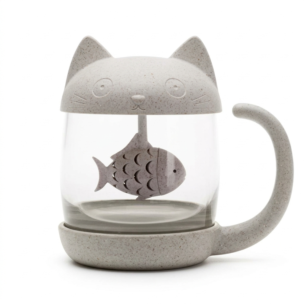 White Cat Glass Tea Mug with a speckled cat-shaped lid, a fish infuser hanging inside and a tail handle, on a white background
