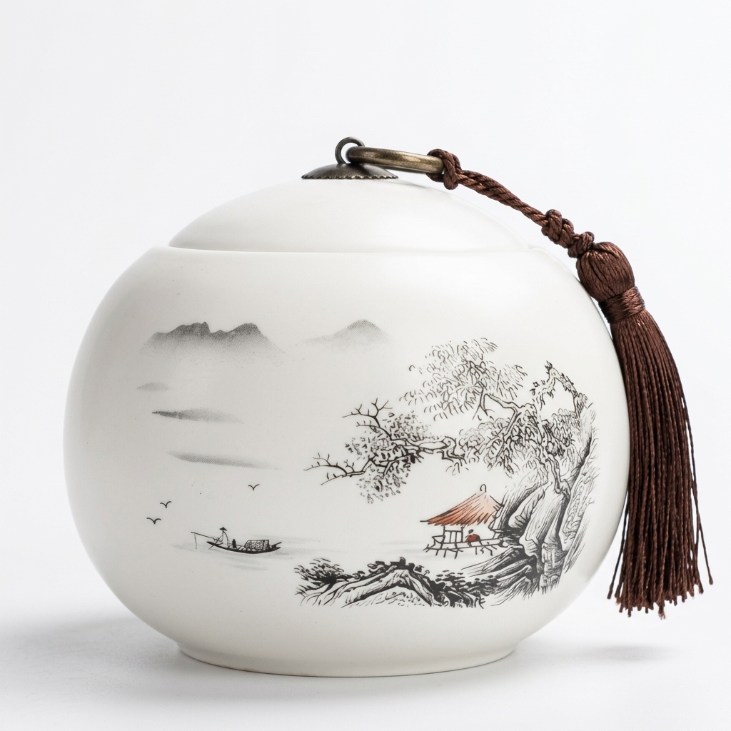 Round white ceramic tea caddy with the Mountain design, a misty ink landscape with a pavilion and boat, and a brown tassel on the lid