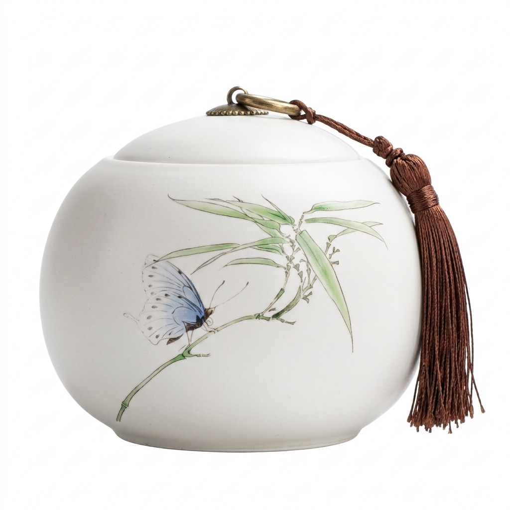 Round white ceramic tea caddy with the Butterfly design, a blue butterfly beside green bamboo leaves