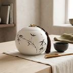 Bamboo design tea caddy on a wooden table beside a dark tea cup and a linen cloth