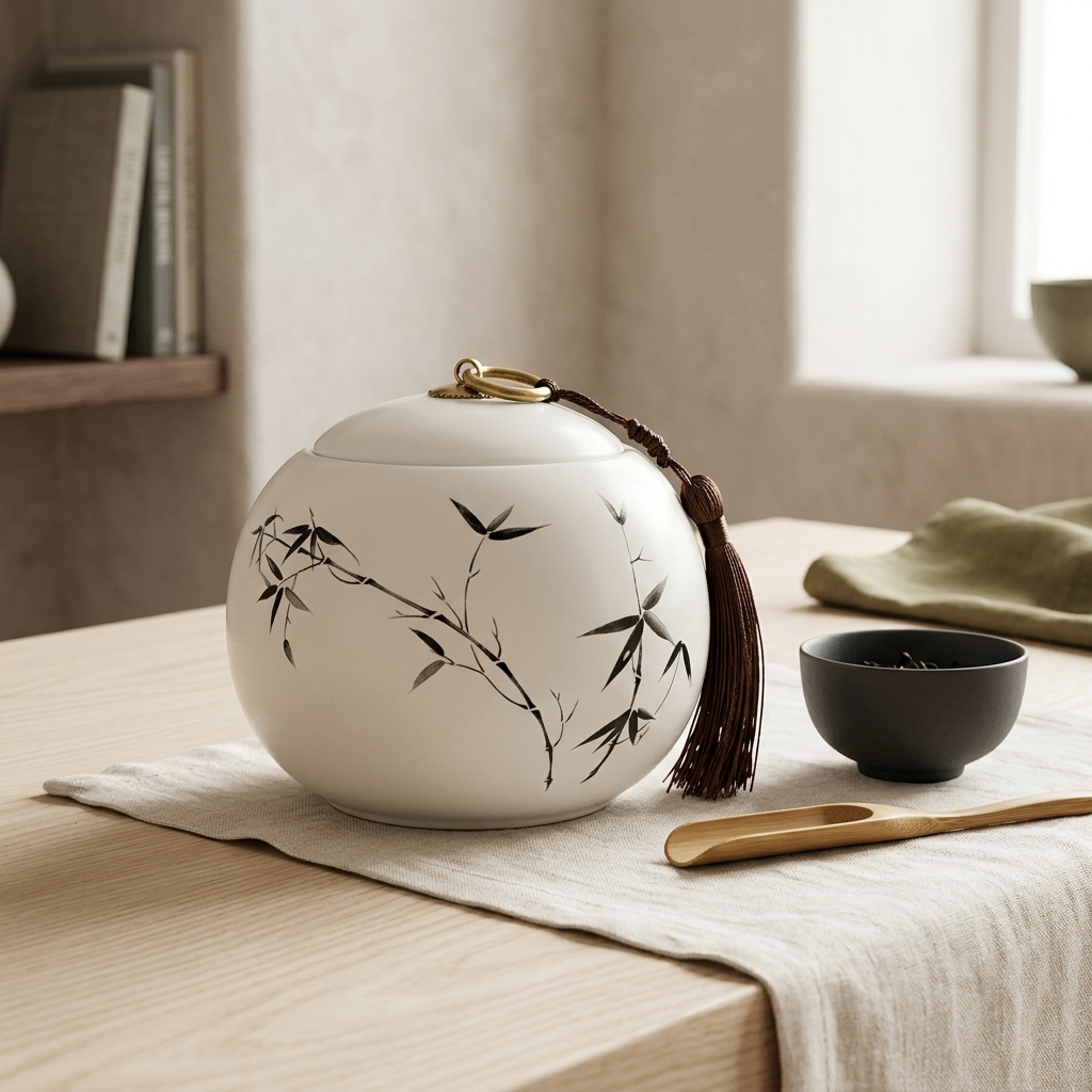 Bamboo design tea caddy on a wooden table beside a dark tea cup and a linen cloth