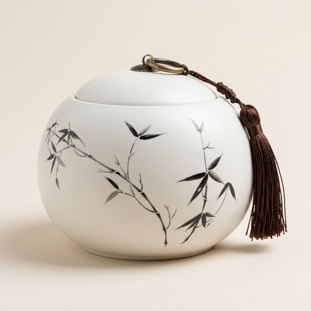 Round white ceramic tea caddy with the Bamboo design and a brown tassel, on a warm beige background