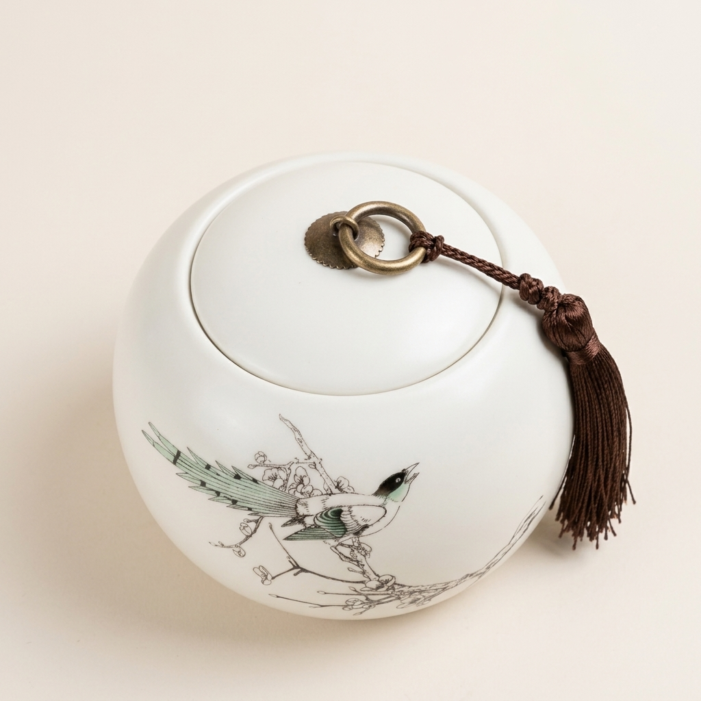 Bird design tea caddy seen from above, showing the lid and its metal ring