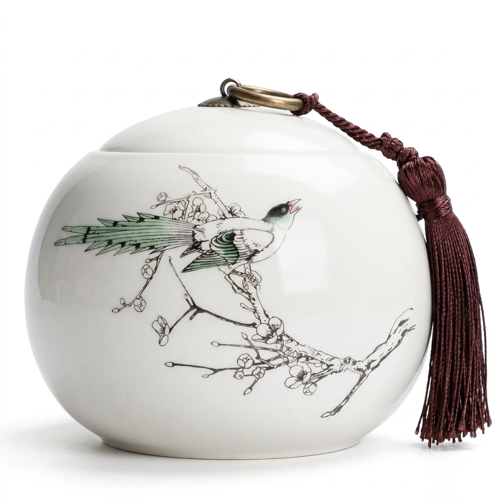 Round white ceramic tea caddy with the Bird design, a green bird on a blossoming branch