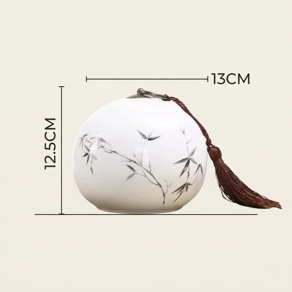 Size of the round ceramic tea caddy: about 13 cm across and 12.5 cm tall