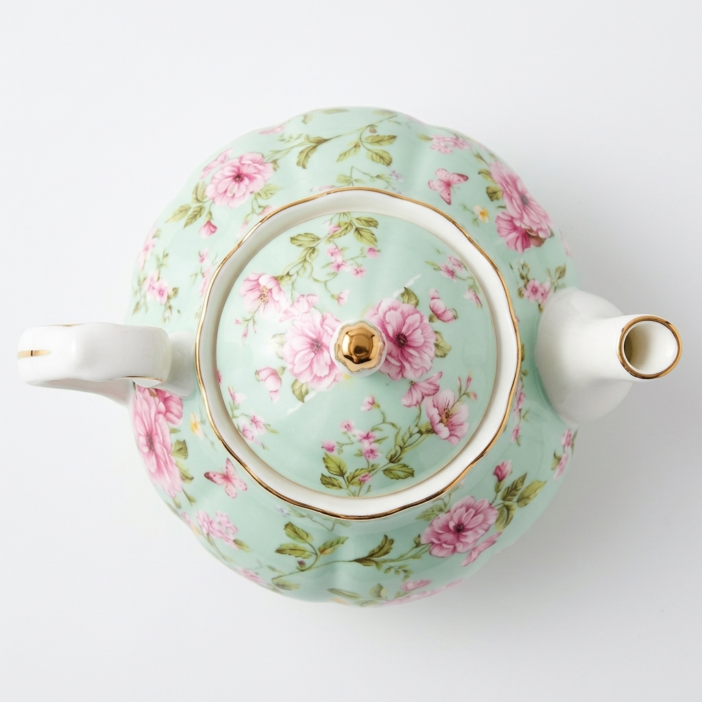 Green rose-pattern teapot seen from above, showing the round lid with its gold-coloured rim