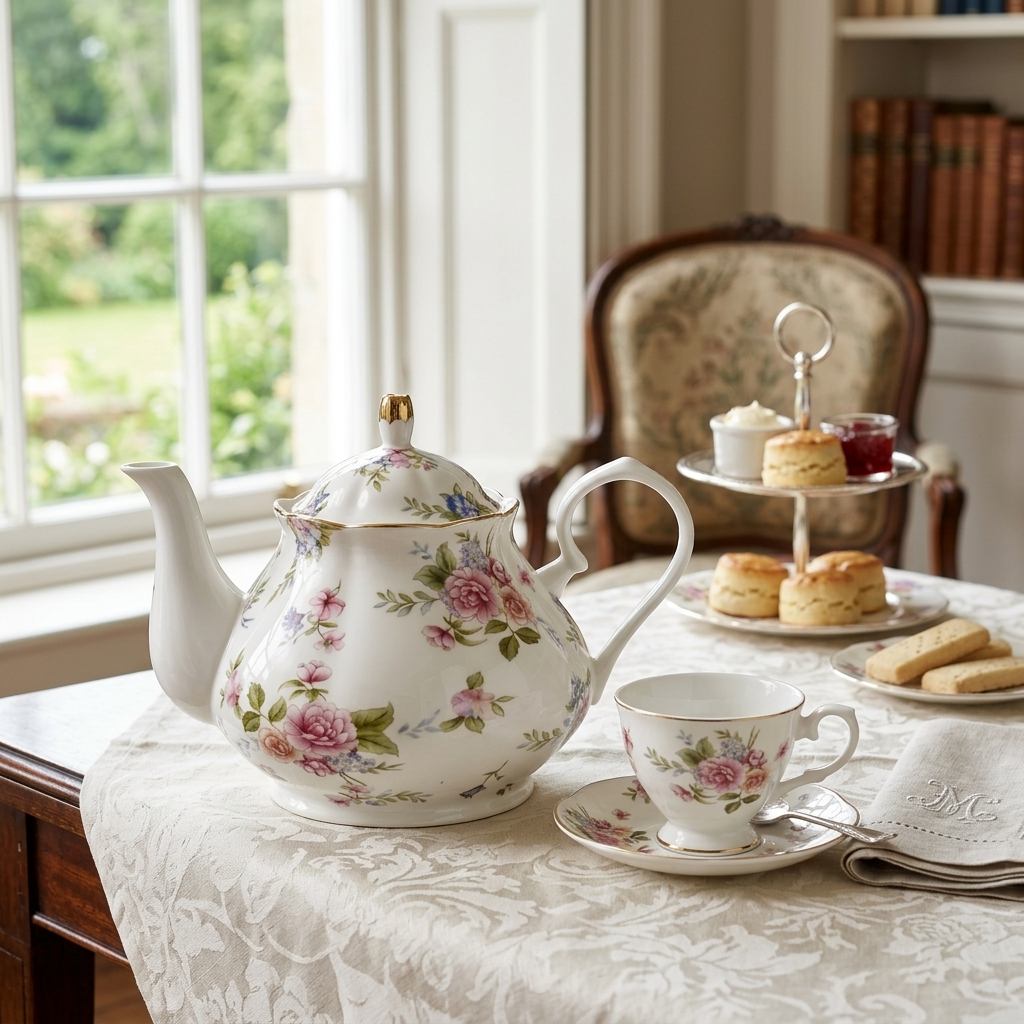 White rose-pattern teapot on an afternoon tea table with a cup and saucer, scones and a cake stand