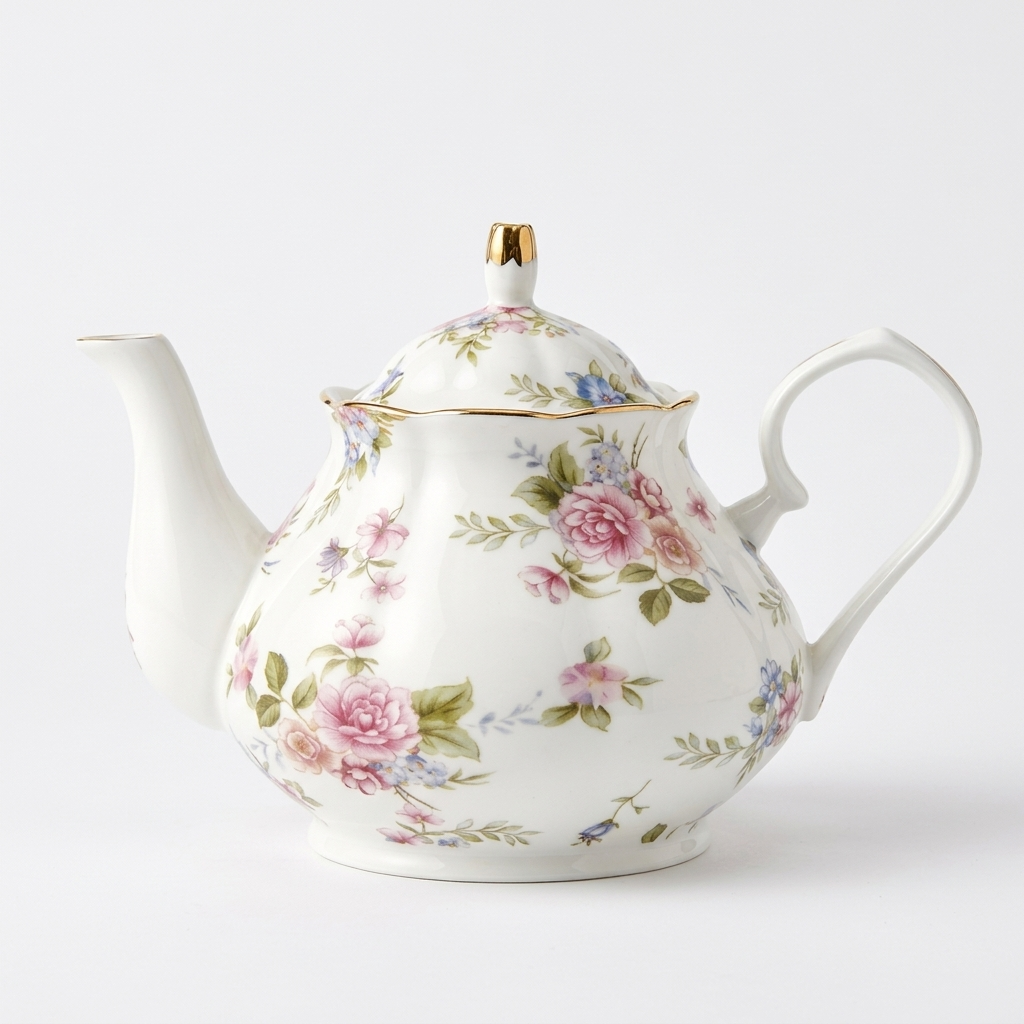 White English ceramic teapot with a pink rose pattern and gold-coloured trim on the lid, spout and handle