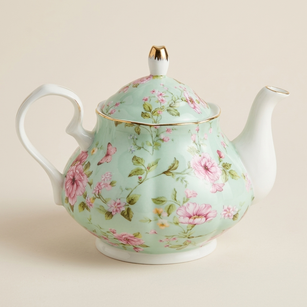 Green English ceramic teapot with a pink rose pattern and gold-coloured trim, on a warm beige background